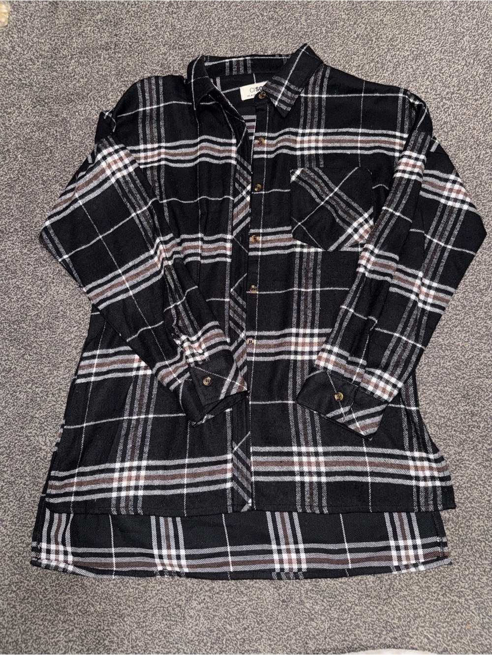 Ci Sono Plaid Collection Women’s Flannel Shirt Size S Black Brown White Shacket